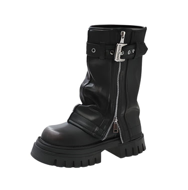 Women's Belt Buckle Chunky Boots Fashion Side Zipper Modern Boots Women High Quality Round Toe Mid-Calf Boots -, Boots , Drestiny , 5, 6, 6.5, 7.5, 8.5, 9, Australia, Black, Boots, Brown, FR, Heels, New Zealand, United Kingdom, United States , Drestiny , www.shopdrestiny.com